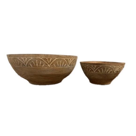 Wood Wooden Engraved Decorative Round Bowl Bowls Set Lot 2 Beige Brown - Picture 1 of 3